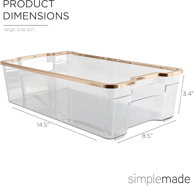 SIMPLEMADE Clear Refrigerator Organizer Bins - Clear Bins for Fridge, Containers for Fridge and Freezer, Multipurpose Storage for Kitchen, Office, Bathroom, Gold Rim (8.5" x 14.6")