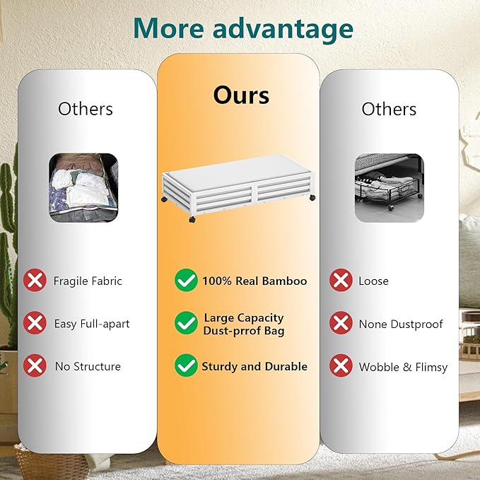 Bamboo Under Bed Storage Containers- Underbed Organizer with Wheels with Large Capacity Dust Bag,Sturdy Wood Rolling Under Bed Shoe Storage Organizer 2 Packs (White, 1 Packs (23.62"×16.54"))-NeatNest