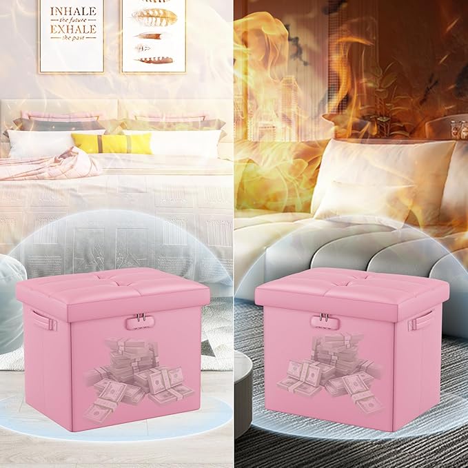 DocSafe Storage Ottoman Foot Rest Stool with Lock & Handles, Fireproof Folding Leather Footstool Bench with Storage Safe for Living Room Bedroom, Home Office, Dorm, 17x13x13in, Pink-NeatNest