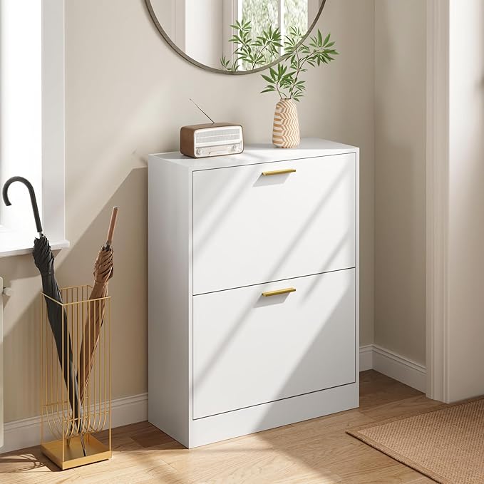 Shoe Cabinet with 2 Flip Drawers, White Shoe Cabinet Storage for Entryway, Modern Shoe Organizer Wood, Freestanding Small Thin Shoe Racks with Doors, White-NeatNest