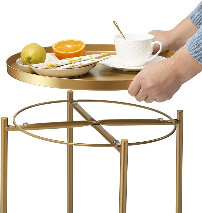 danpinera Gold Side Table 2 Pack, End Table for Small Spaces Outdoor Accent Table Round Metal Patio Coffee Table Waterproof Removable Tray for Living Room Bedroom Balcony Office-NeatNest