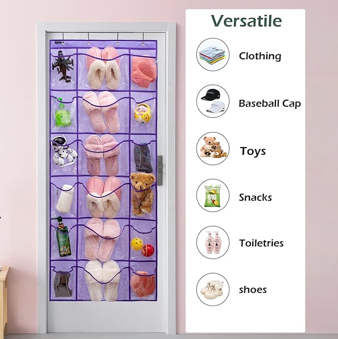 Over The Door Hanging Shoe Rack Organizer 18 Pockets Organizer with 6 Extra Large Clear Pockets for Shoe Holder Storage (18 Pockets-Purple)-NeatNest