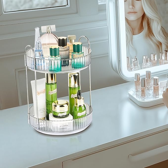 360 Rotating Makeup Organizer, 2 Tier Lazy Susan Bathroom Organizer, Easy to Install, Ideal Storage for Perfume, Skincare, Cosmetic, Dresser or Vanity Countertop (Silver Clear, 2 Tier)-NeatNest