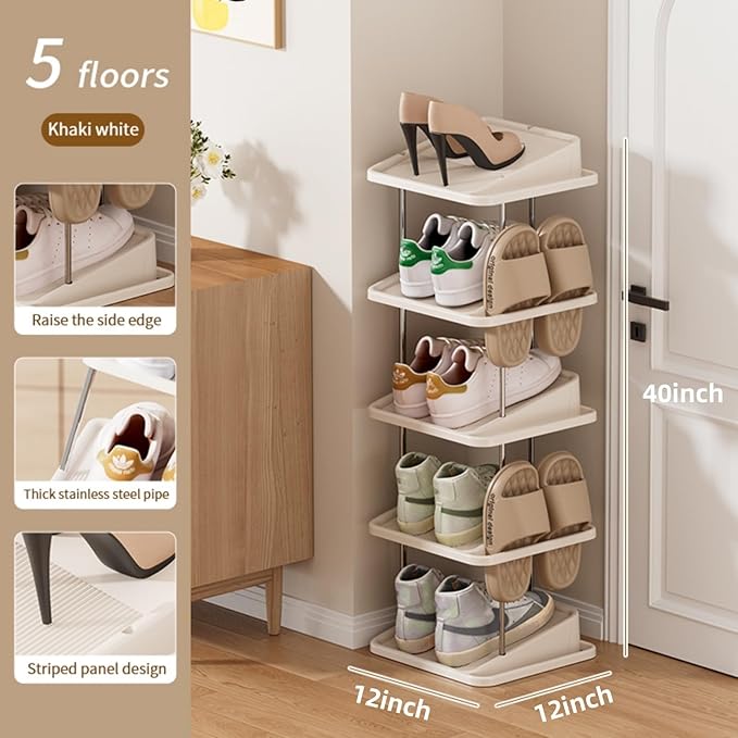 Vertical Shoe Rack,5 Tiers Stackable Shoe Rack for 10 Pairs, Narrow Shoe Tower,Space Saving, for Entryway, Living Room, Bedroom,Closet,DIY Free Standing Shoe Organizer(Khaki, 5 Tiers)-NeatNest