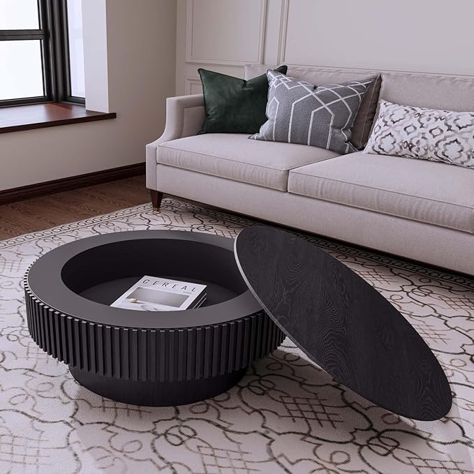 31.5'' Black Round Coffee Table with Storage Living Room Modern Circle Coffee Table with Pedestal Center Tables Fluted Accent Tea Tables for Apartment