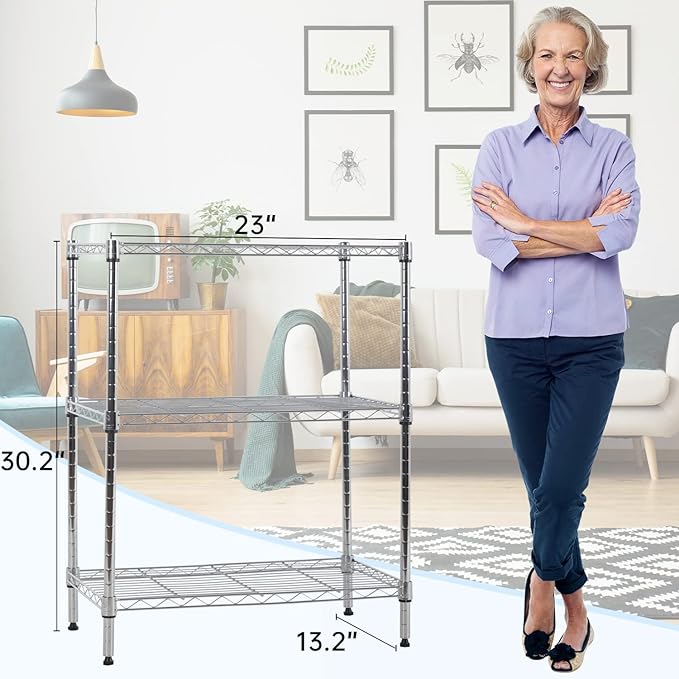BestOffice 23Lx13.2Wx30.2H Adjustable Metal Storage Shelves 3-Tier Wire Shelving Unit Organizer Wire Rack 450Lbs Capacity for Small Places Kitchen Garage,Chrome-NeatNest