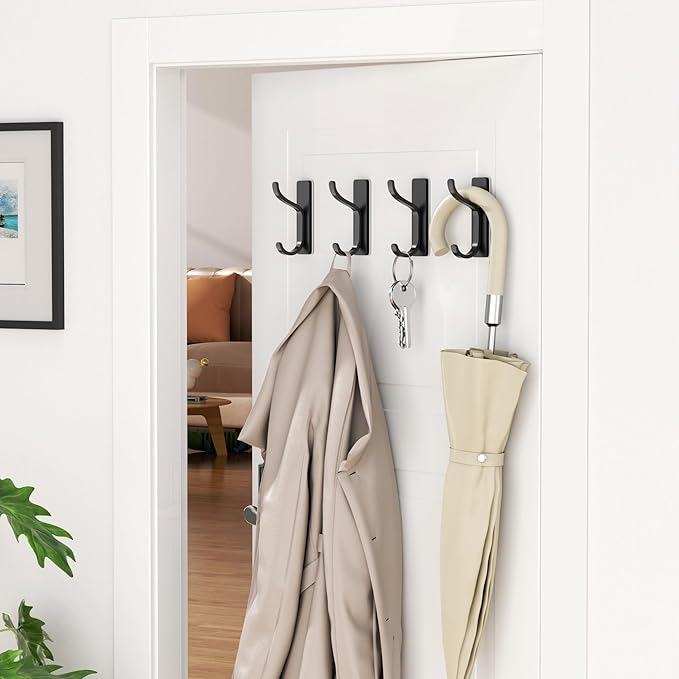 pickpiff Adhesive Wall Coat Hooks - Heavy Duty Stick-On Door Hanger, Black Metal Hook for Hanging Towel,Purse, Robe, Backpack, Jacket, Clothes - for Bathroom,Dorm, Closet, Kitchen - 4 Pack
