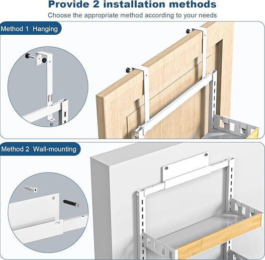 bukfen Over the Door Pantry Organizer 6-Tier Adjustable Basket Kitchen Pantry Door Organization and Storage, 2 in 1 Wall Mount or Hanging Heavy-Duty Metal Hanging Kitchen Spice Rack,White Bamboo Color-NeatNest