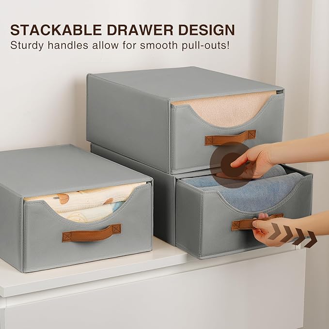 Closet Organizers and Storage - Large Stackable Storage Bins with Drawer, Fabric Bins for Organization, Collapsible Drawer Organizer Clothes for Bedroom, Living Room, 2 Pack, Grey-NeatNest