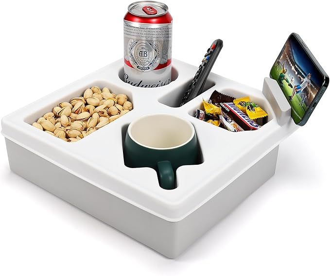 Couch Cup Holder Tray, Silicone Sofa Couch Caddy for Bed Car Seat Beach Organizer, Waterproof Cup Holder with Phone Stand for TV Remote, Snacks, Drinks, Cellphone (White)-NeatNest