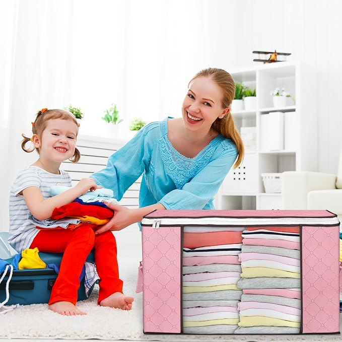 90 L Large Storage Bags, 8 Pack Clothes Storage Bins Foldable Closet Organizer Storage Containers with Durable Handle Storage and Organization, Blanket, Comforters, Bed Sheets, Pillows and Toys (Pink)-NeatNest