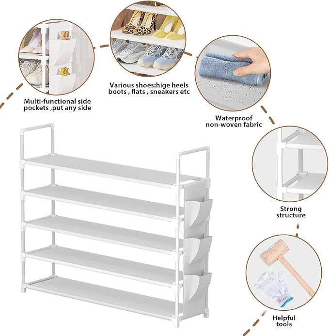 5 Tier Shoe Organizer, 33.3in Wide x 11.2in Deep x 35.6in Tall, Black Metal and Plastic Shoe Rack with Side Bag, Holds 20-25 Pairs of Shoes-NeatNest