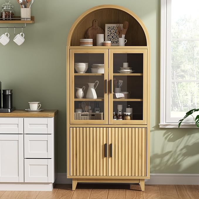 Arched Cabinet with Glass Doors, 71" Tall Fluted Galss Cabinet with Solid Wood Legs, Adjustable Shelves Accent Furniture for Living Room, Kitchen, Dining Room, Entryway, Natural