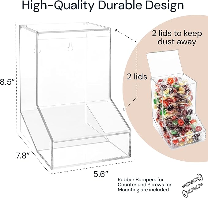 Acrylic Candy Dish & Treat Organizer Dispenser - Rectangular Non-Porous Acrylic - Dual Lids for Fresh Bulk Treats & Cereal Countertop Display-NeatNest