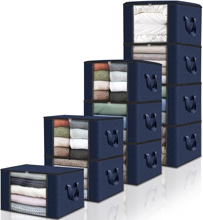 Fab totes 10 Pack Clothes Storage, Foldable Thick Fabric Blanket Storage Bags, Containers for Organizing Bedroom, Closet, Clothing, Comforter,Closet Organization with Handle,Blue-NeatNest