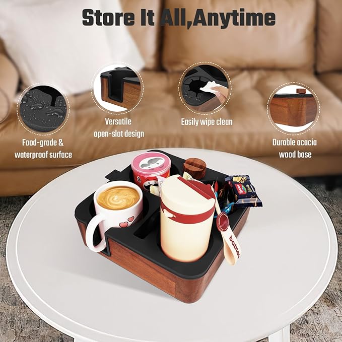 Couch Cup Holder Tray, Real Acacia Wooden Caddy with Soft Silicone, Snack and Drink Organizer- Perfect Movie Night Accessories for Bed, Remote and Cup Holders for Sofa (Black)-NeatNest