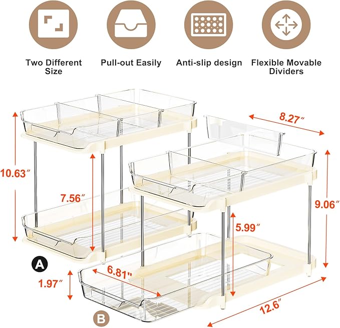 Delamu 2 Sets of 2-Tier Multi-Purpose Bathroom Cabinet Under Sink Organizers and Storage, Stackable Kitchen Pantry Organization and Storage, Beige-NeatNest
