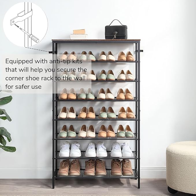 8-Tier Shoe Rack Organizer, Metal Mesh Shoe Storage Shelf, for Entryway, Hallway, Closet, Dorm Room, Industrial, Rustic Brown-NeatNest