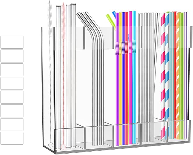 Acrylic straw holder for cabinet door, Reusable Tumbler Straw Organizer Storage for Cupboard Drinking Straws Dispenser for Kitchen Counter, Ultra Sticky Cupboard Door Mounted (Transparent)
