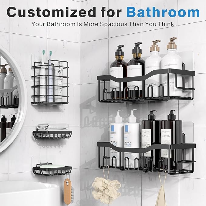 Adhesive Shower Caddy, 5 Pack Rustproof Stainless Steel Bath Organizers With Large Capacity, No Drilling Shelves for Bathroom Storage & Home Decor-XL Size-NeatNest