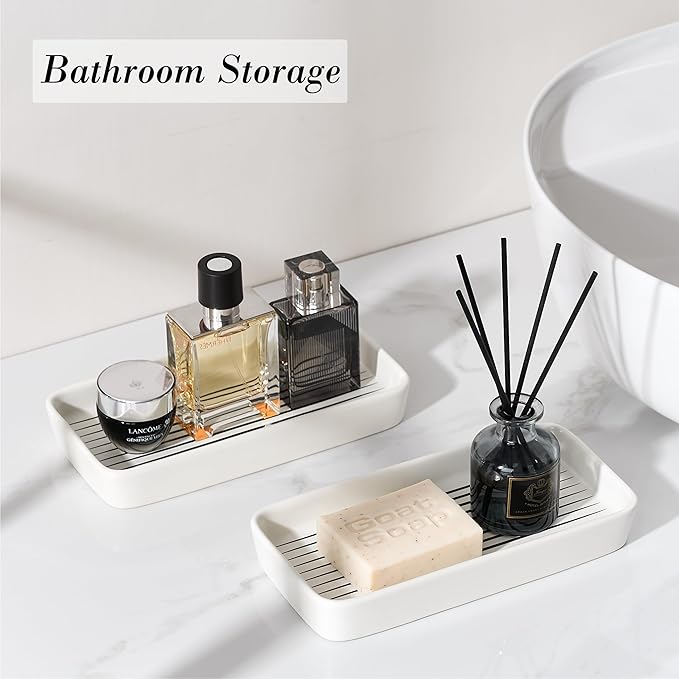 Bathroom Vanity Tray for Countertop,2PC Rectangle Striped Tray,Decorative Bathroom Organizer for Scrubber, Lotion Bottles, Perfume, Jewelry, Candle, Key Trinket Ring(Small,White)-NeatNest
