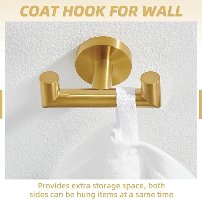 APLusee Brushed Gold Double Hand Towel Hook, 304 Stainless Steel Coat Hanger Luxurious Style, Bathroom Accessories Wall Mounted