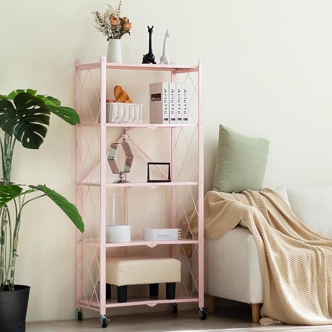 BRIAN & DANY 5-Tier Foldable Storage Shelves with Wheels, Folding Metal Rack Shelving Unit, Heavy Duty No Assembly Organizer Shelf for Garage, Kitchen, Basement, Pantry, Pink-NeatNest