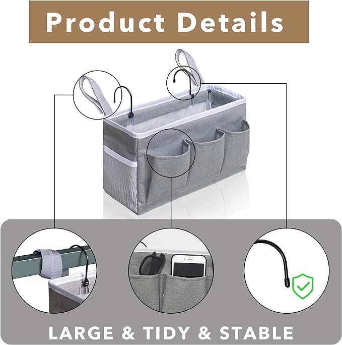2Pcs Beside Caddy Storage Organizer, Hanging Bag Holder with Pockets for Bedroom, Loft Bed Tent, Bed Curtain, Top Bunk bed Shelf Accessories Bedside Caddy 3-pocket (White-2pcs)-NeatNest