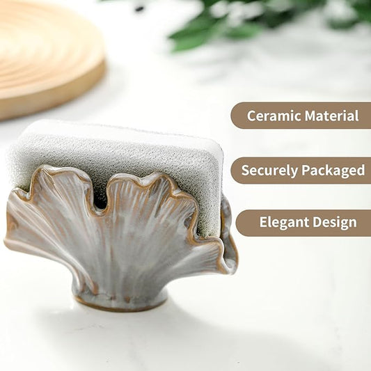 Ceramic Sponge Holder,Sponge Holder for Kitchen Sink,Compact Sink Caddy Organizer-Scouring Pad and Dish Holder,Farmhouse Kitchen Decor Cute Gadgets Accessories(Brown Grey)-NeatNest