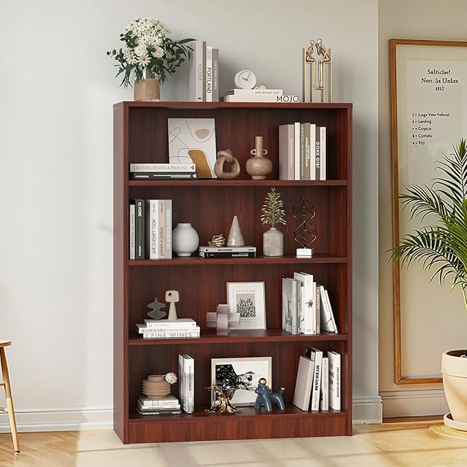 Farini 48 Inch Tall 4-Shelf Bookcase, Wood Bookshelf Storage Organizer Adjustable Shelf for Home Office, Study Room, Easy Assembly,Mahogany