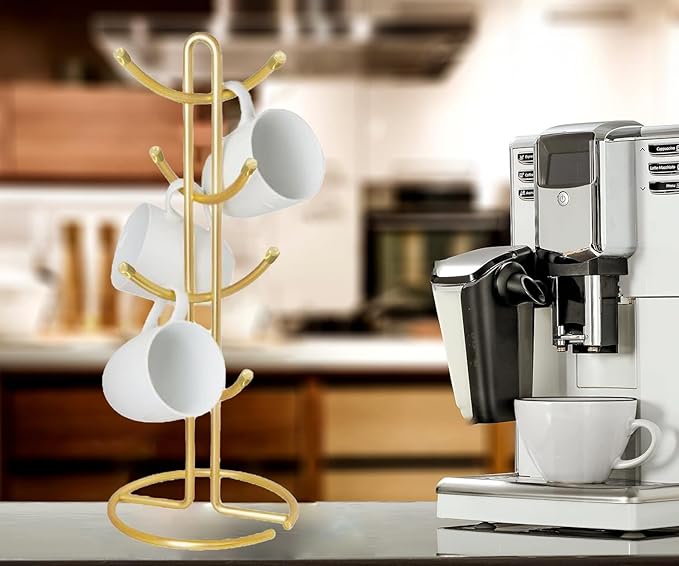 FitWell Coffee Mugs Holder, Mug Tree, Mug Organizer for Cabinet, Mugs Stand Rack, Coffee & Tea Cup Storage Rack (Gold, 8 Mugs Holder (17.5" H))-NeatNest
