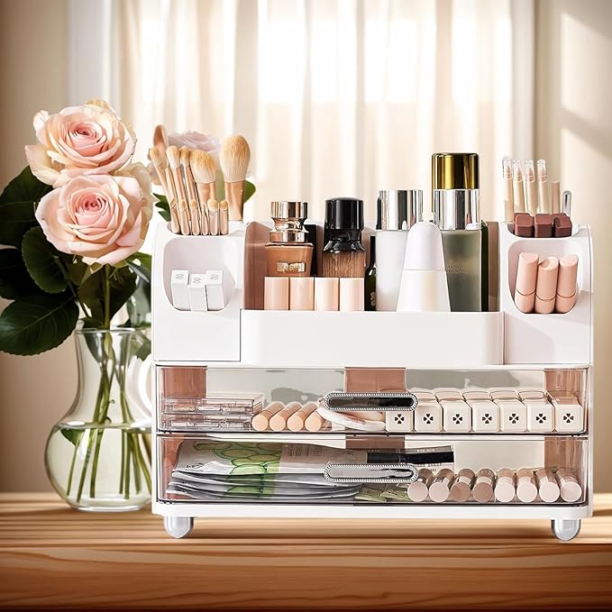 Makeup Organizer with 2 Drawers, Cosmetic Display Case, Storage Holder for Vanity, Bathroom Counter, Desk, Beauty Supplies (Cream)