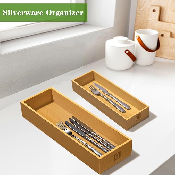 Bamboo Drawer Silverware Organizer, Flatware Organizer, Bamboo Storage Box for Office, Bathroom and other objects storage (large14.2 x5 x2 Small 9.85"x3.55"x1.78"- Set of 4)-NeatNest