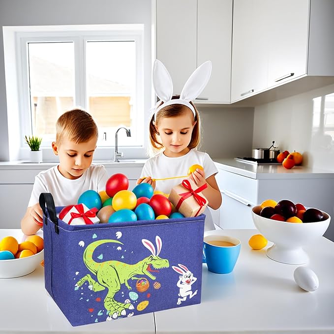 Dinosaur Easter Basket for Kid Large Empty Baby Rectangular Cute Easter Gift Storage Basket Bunny Eggs Décor (Dinosaur Rabbit)-NeatNest