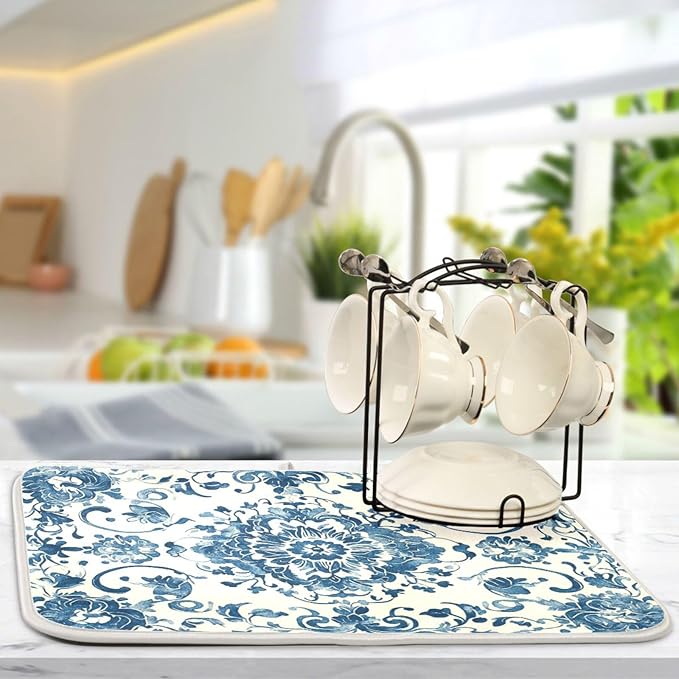 Absorbent Dishes Drainer Mat for Countertop Small Size 16 x 18, Microfiber Blue White Pattern Dish Drying Pads Kitchen Counter Draining Pad