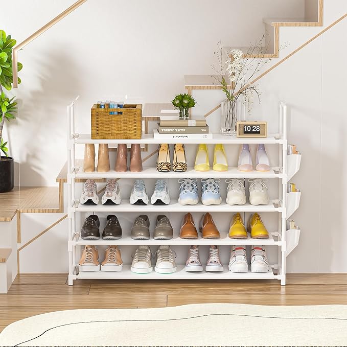 5 Tier Shoe Organizer, 33.3in Wide x 11.2in Deep x 35.6in Tall, Black Metal and Plastic Shoe Rack with Side Bag, Holds 20-25 Pairs of Shoes-NeatNest