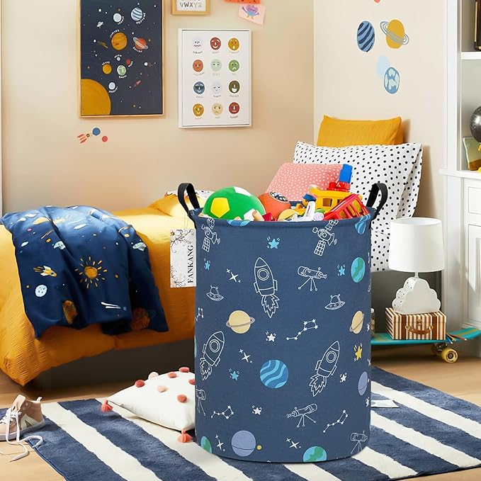 FANKANG Storage Basket, Nursery Hamper Canvas Laundry Basket Foldable with Waterproof PE Coating Large Storage Baskets for Kids Boys and Girls, Office, Bedroom, Clothes,Toys(Colorful Space )