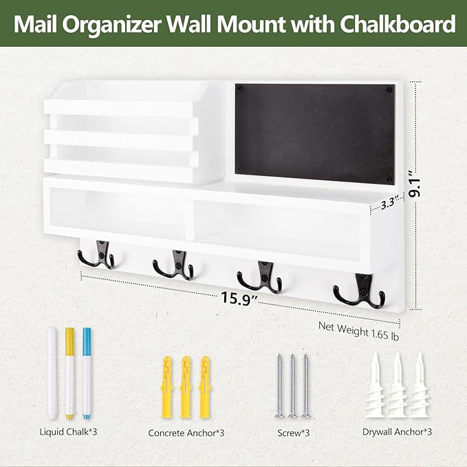 Key Holder for Wall, Wall Mounted Mail Holder Wooden with Shelf & 3 Liquid Chalks & Chalkboard, Mail Sorter Organizer, Rustic Home Decor - Entryway Living Room (15.98”W x 9.1”H x 3.3”D), White