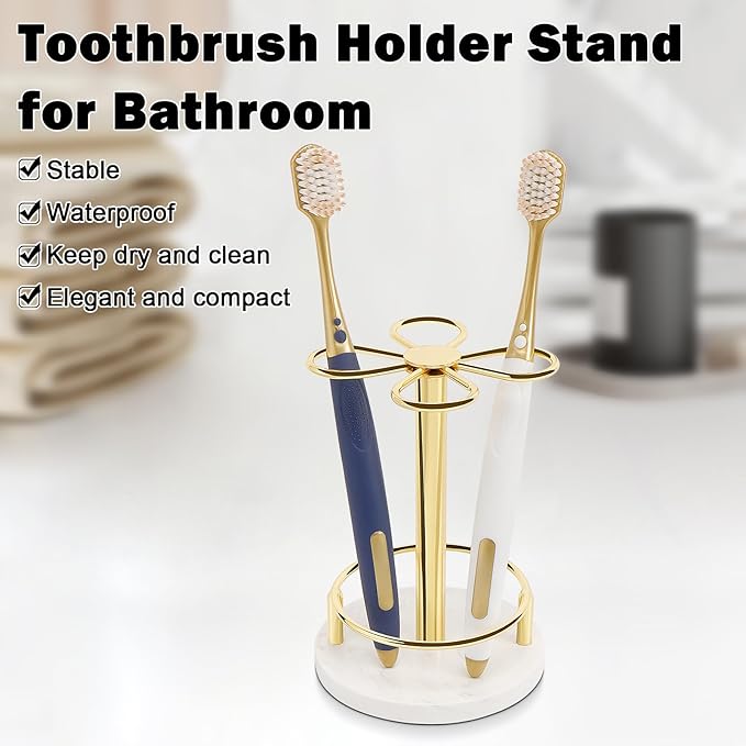 HarJue Toothbrush Holder Stand for Bathroom, Metal Toothbrush Organizer with Marble Base, Toothbrush Storage Collection for Family, Suitable for Home Hotel Countertop Vanity (Small, Gold)