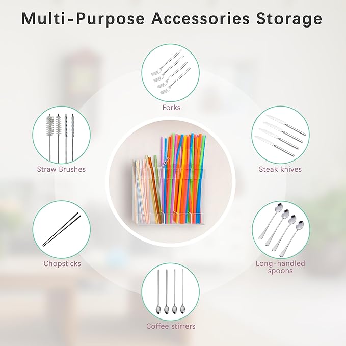 Acrylic Straw Holder for Cabinet Door with Double Sided Adhesive Tape Reusable Tumbler Straw Organizer Storage Container Dispenser for Counter Cabinet Cupboard Kitchen(Transparent)