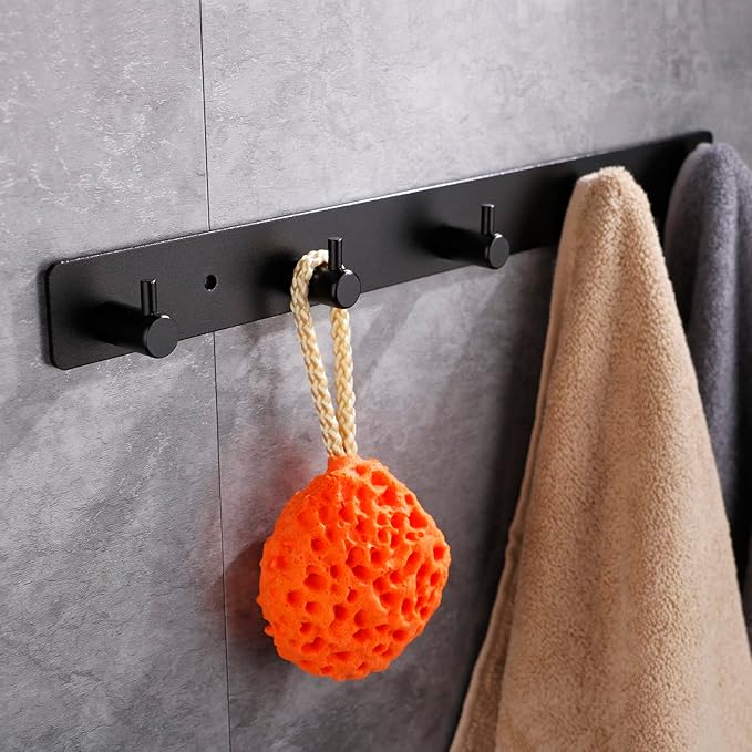 Adhesive Bathroom Black Hook Rail, 6 Matte Black Wall Key Hooks Rack Hanger Towel Robe Stick Door Hooks for Bathroom Toilet Entryway Hallway Kitchen Wall Mounted