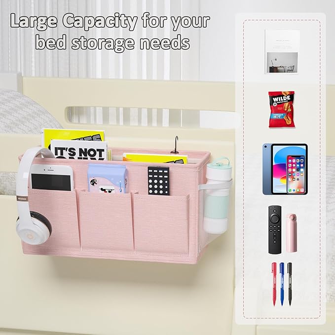 Dual-purpose Bedside Caddy Bedside Organizer, Bed Caddy with 6 Pockets, Versatile Bedside Storage Solution Magazine Remotes holder, ideal for Home, Dorm, Hospital, Crib Bed (Pink 2pcs)-NeatNest