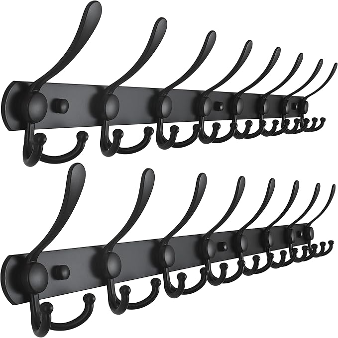 Dseap Coat Rack Wall Mount - 29.5” Long 8-Tri-Hooks Heavy Duty Coat Hanger Rail Wall Hooks for Hanging Coats Hats Clothing Clothes Purse Mudroom Entryway, Black, Pack of 2-NeatNest