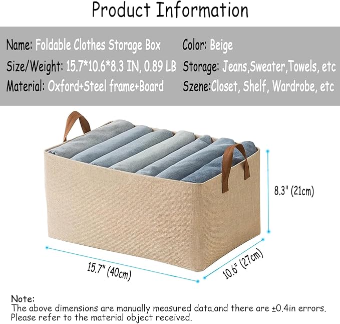 AARAINBOW 4 Pcs Closet Clothes Organizer with Handle, Closet Shelf Fabric Storage Box Steel Frame, Stackable Shelf Storage Baskets Foldable Wardrobe Organizer Baskets for Clothes Toys, 23L (4 Beige)-NeatNest