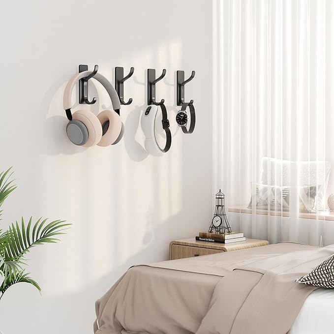 pickpiff Adhesive Wall Coat Hooks - Heavy Duty Stick-On Door Hanger, Black Metal Hook for Hanging Towel,Purse, Robe, Backpack, Jacket, Clothes - for Bathroom,Dorm, Closet, Kitchen - 4 Pack