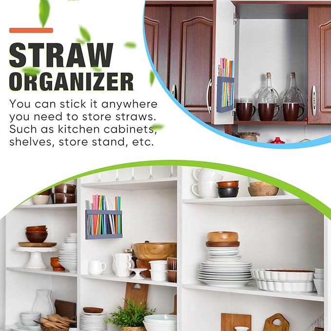 Acrylic Straw Holder for Cabinet Door with Double Sided Adhesive Tape Reusable Straw Organizer Tumbler Storage Kitchen Accessories Container for Counter Cupboard(Classic,Large,Grey)