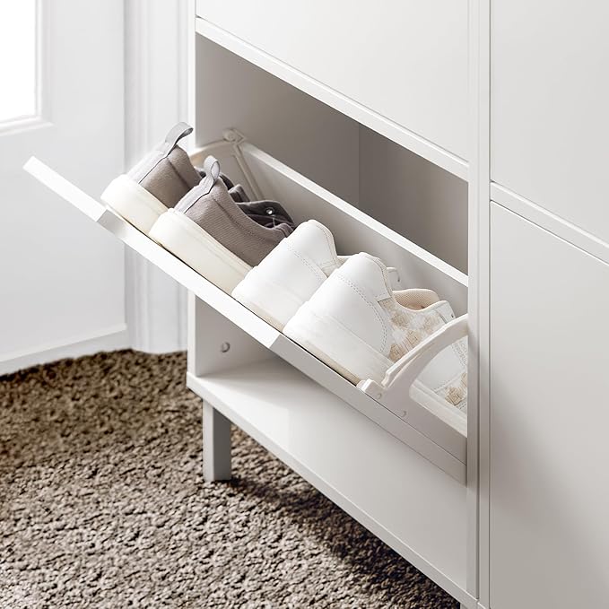 Haotian Slim Shoe Cabinet Entryway, Narrow Shoe Rack with 2 Flip-Drawers, White Shoe Organiazer Hallway, Hidden Shoe Storage Cupboard Entrance, FSR151-W