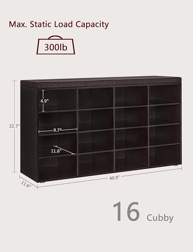 DINZI LVJ Shoe Storage Bench with Cushion, 16-Cubby Shoe Rack, Adjustable Shelves, Multifunctional Shoe Organizer Bench for Entryway, Mudroom, Hallway, Living Room, Bedroom and Garage, Espresso-NeatNest
