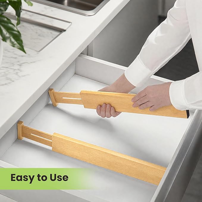 Drawer Divider, Adjustable Bamboo Kitchen Drawer Organizer, Spring Loaded Drawer Organizer, Dresser Separators for Kitchen, Bathroom, Clothes, Office Desk Storage (Natural, 4 Pack Large)-NeatNest