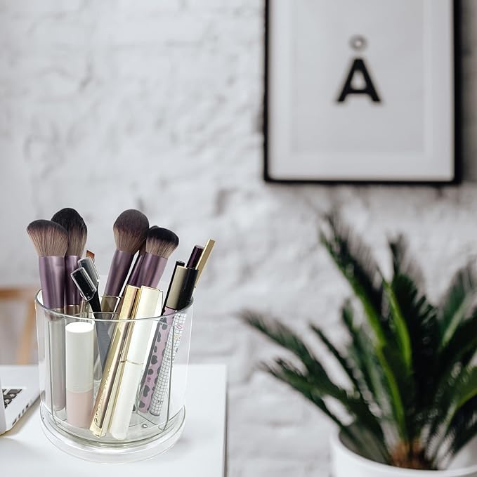 Makeup Brush Holder 360 Rotating Makeup Brushes Organizer for Vanity, 5 Slots Makeup Organizers & Storage, Multi-Functional Pencil Pen Holder for Desk, Cosmetic Storage Container Cup (Clear)-NeatNest